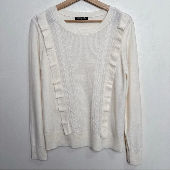 BANANA REPUBLIC Womens Medium Ruffle Front Cable Wool Sweater Ivory Color - Picture 4 of 15